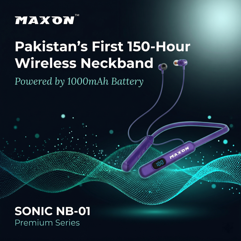 Pakistan's First 150-Hour Wireless Neckband — Maxon NB-01 Sonic | Powered by 1000mAh Battery