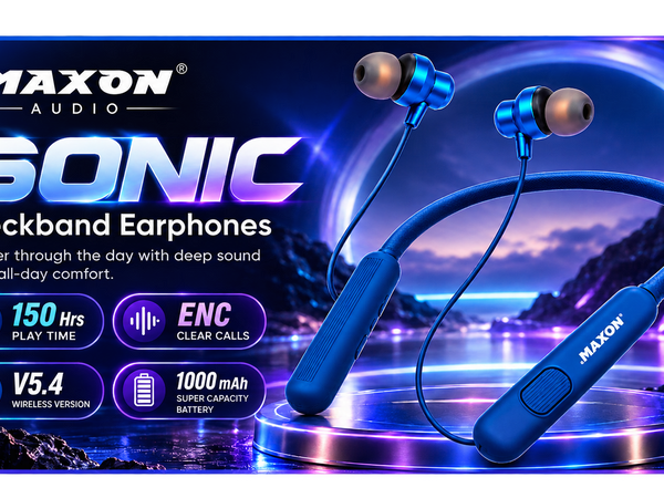 MAXON Sonic NB-01 Wireless Neckband Earphones – 150 Hours Playtime, Bluetooth 5.4, ENC Noise Reduction, Blue
