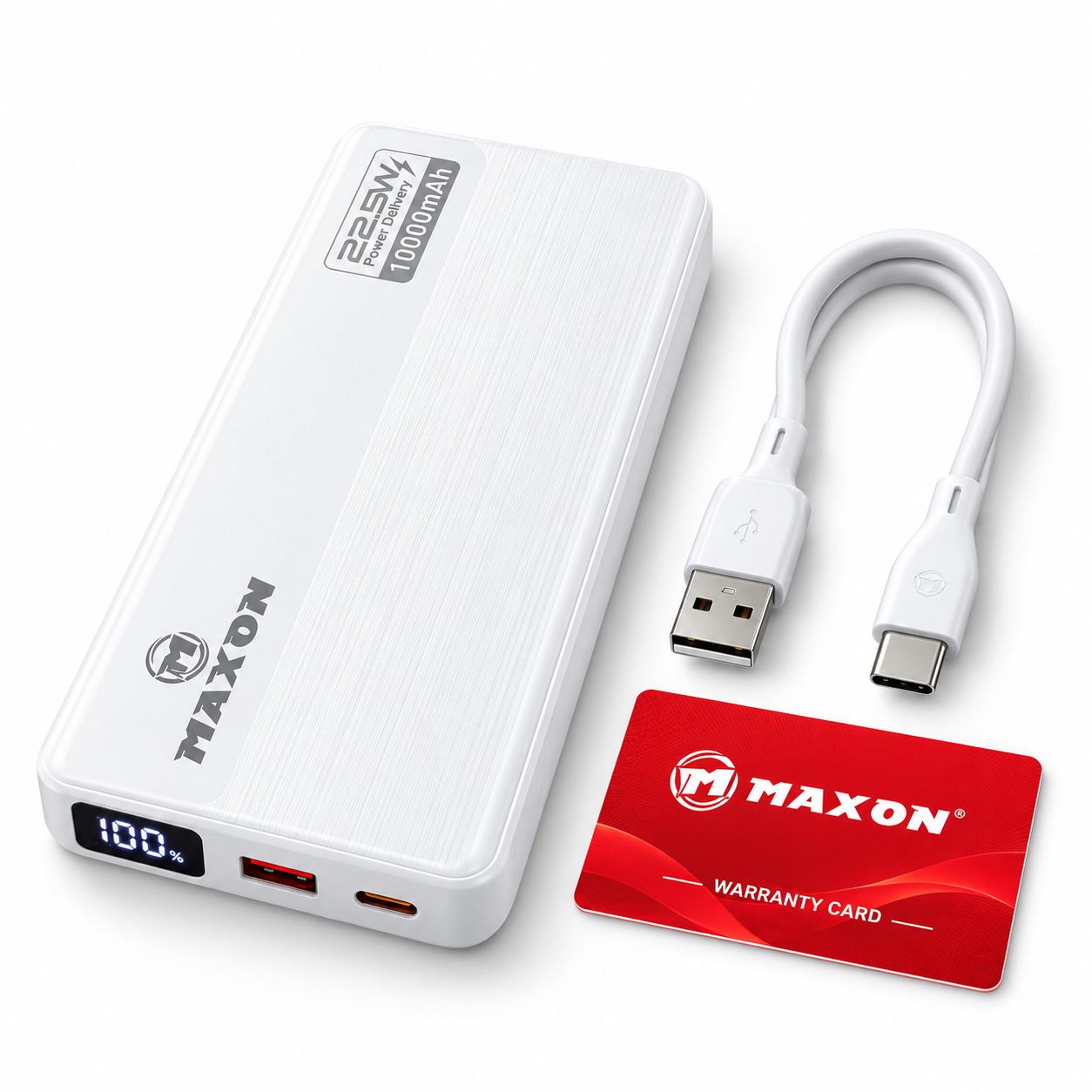 MAXON ROX M-416 10000mAh 22.5W Fast Charging Power Bank with Built-in Type-C & Lightning Cables – White