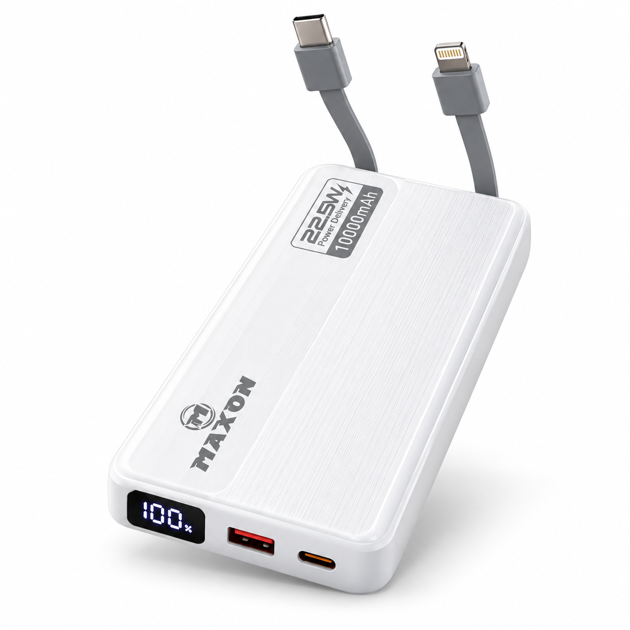 MAXON ROX M-416 10000mAh 22.5W Fast Charging Power Bank with Built-in Type-C & Lightning Cables – White